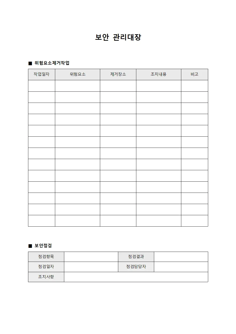보안관리대장 (위험요소제거작업)