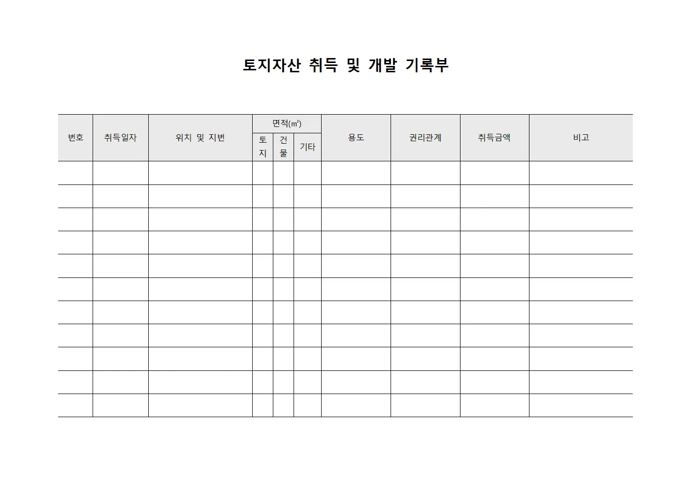 토지자산 취득 및 개발 기록부 양식