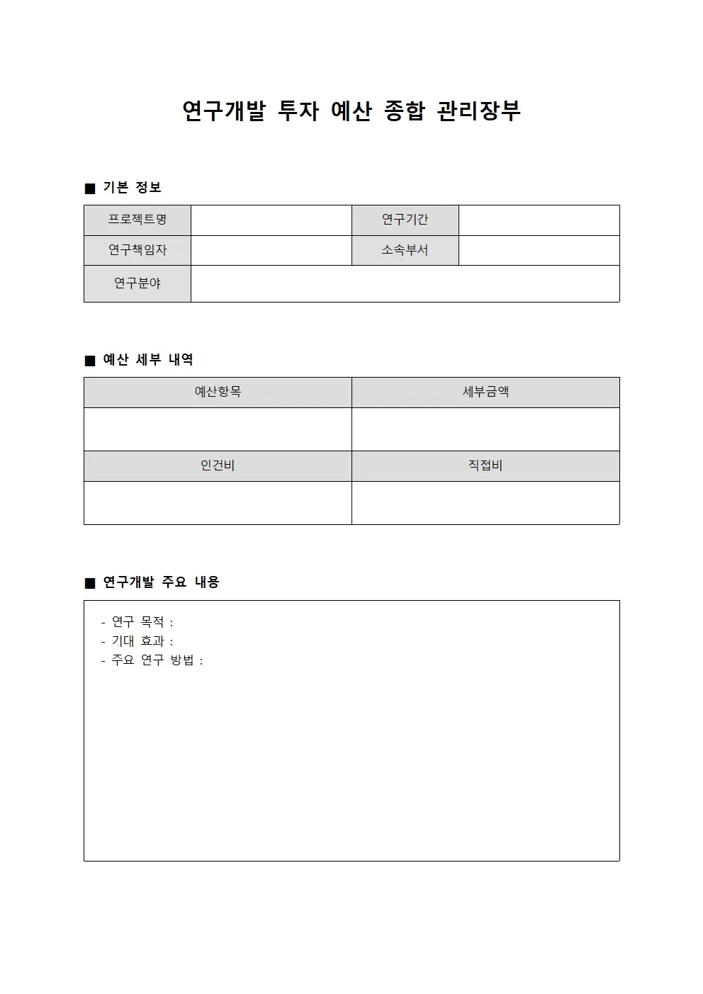 연구개발 투자 예산 종합 관리장부 템플릿