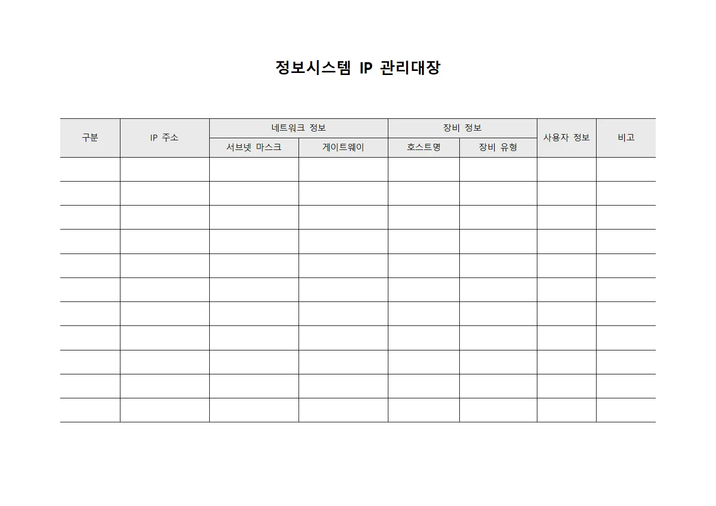정보시스템 IP 관리대장