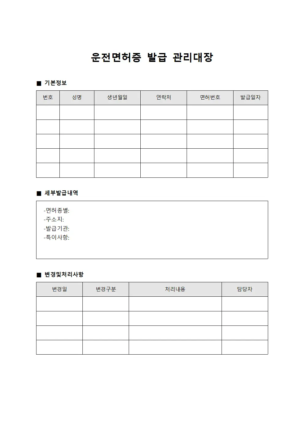 운전면허증 발급 관리대장