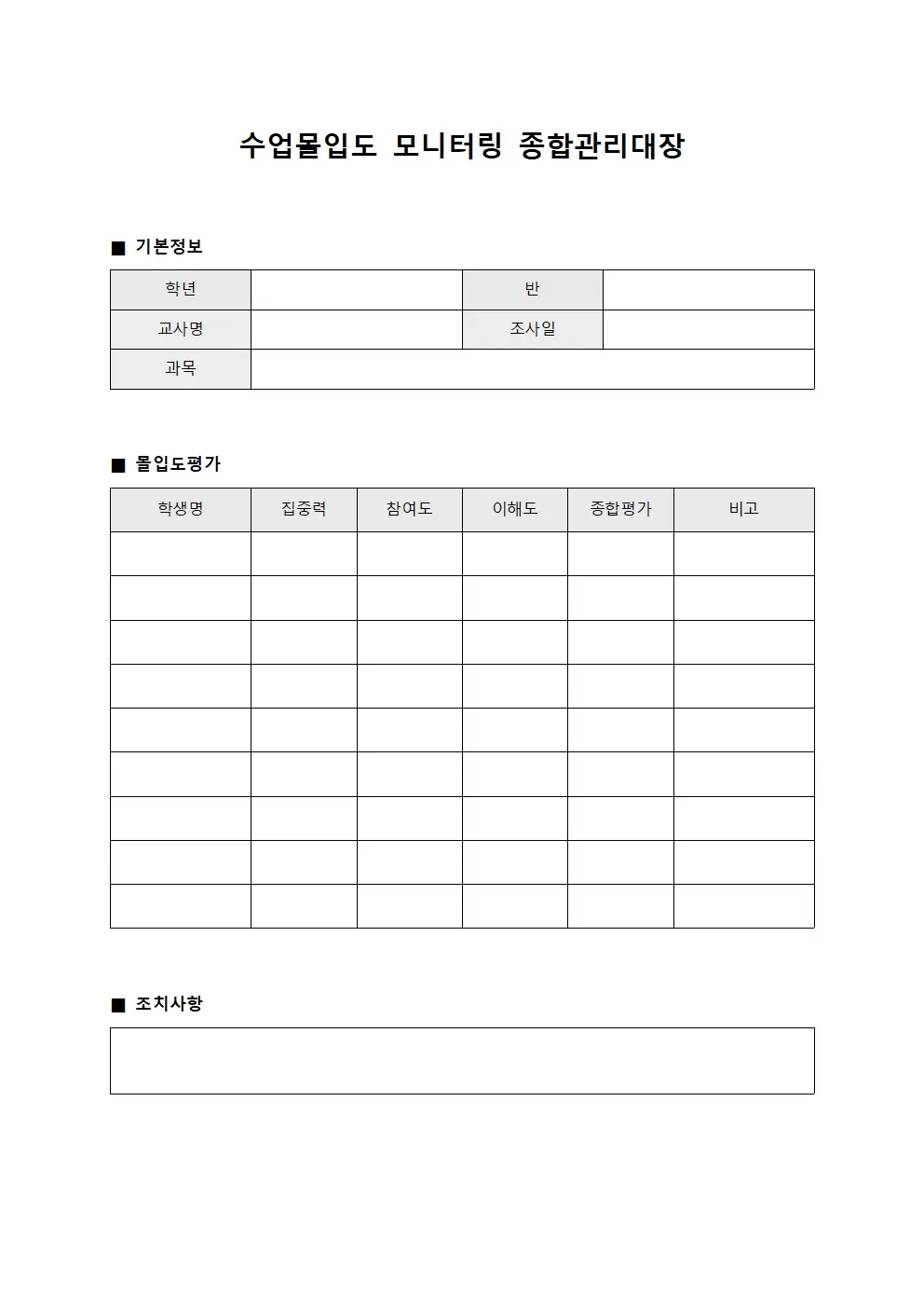 수업몰입도 모니터링 종합관리대장