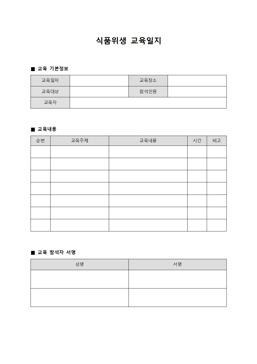 식품위생교육일지 교육내용점검표