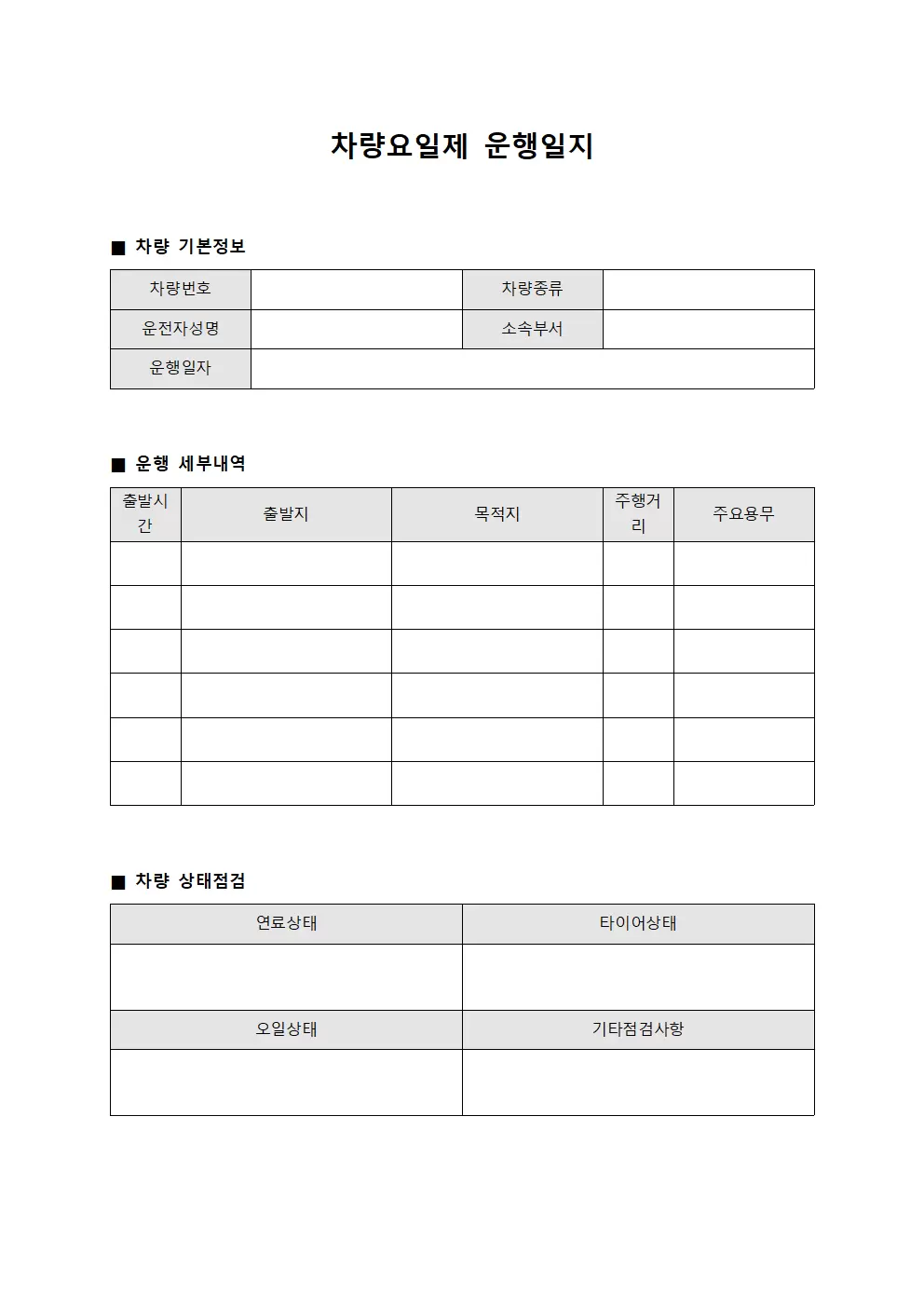 차량요일제운행일지 준수현황표