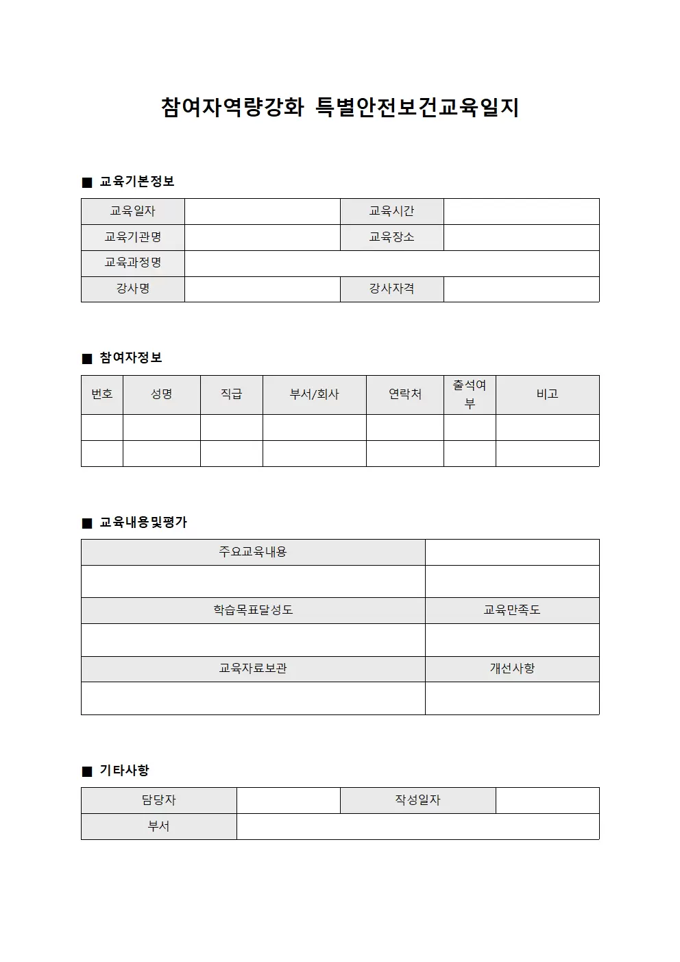 참여자역량강화 특별안전보건교육일지 서식