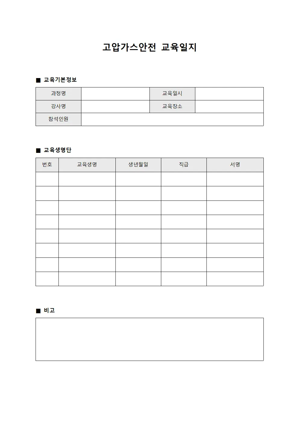 교육생 고압가스안전 교육일지 - 정기과정