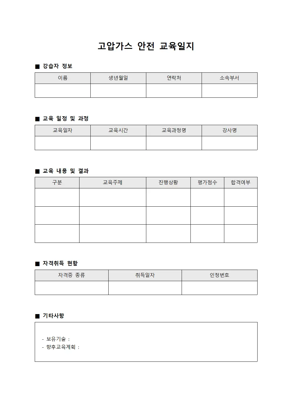 고압가스안전교육일지 - 강습자 및 자격취득