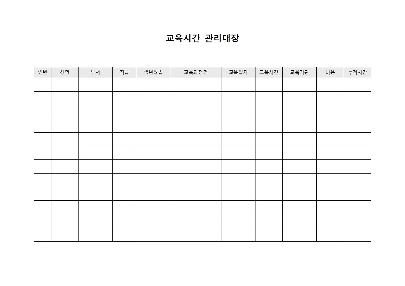 직원역량강화프로그램 교육시간관리대장
