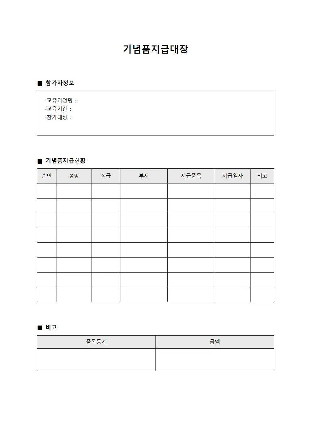 기념품지급대장 - 직무교육참가자선물