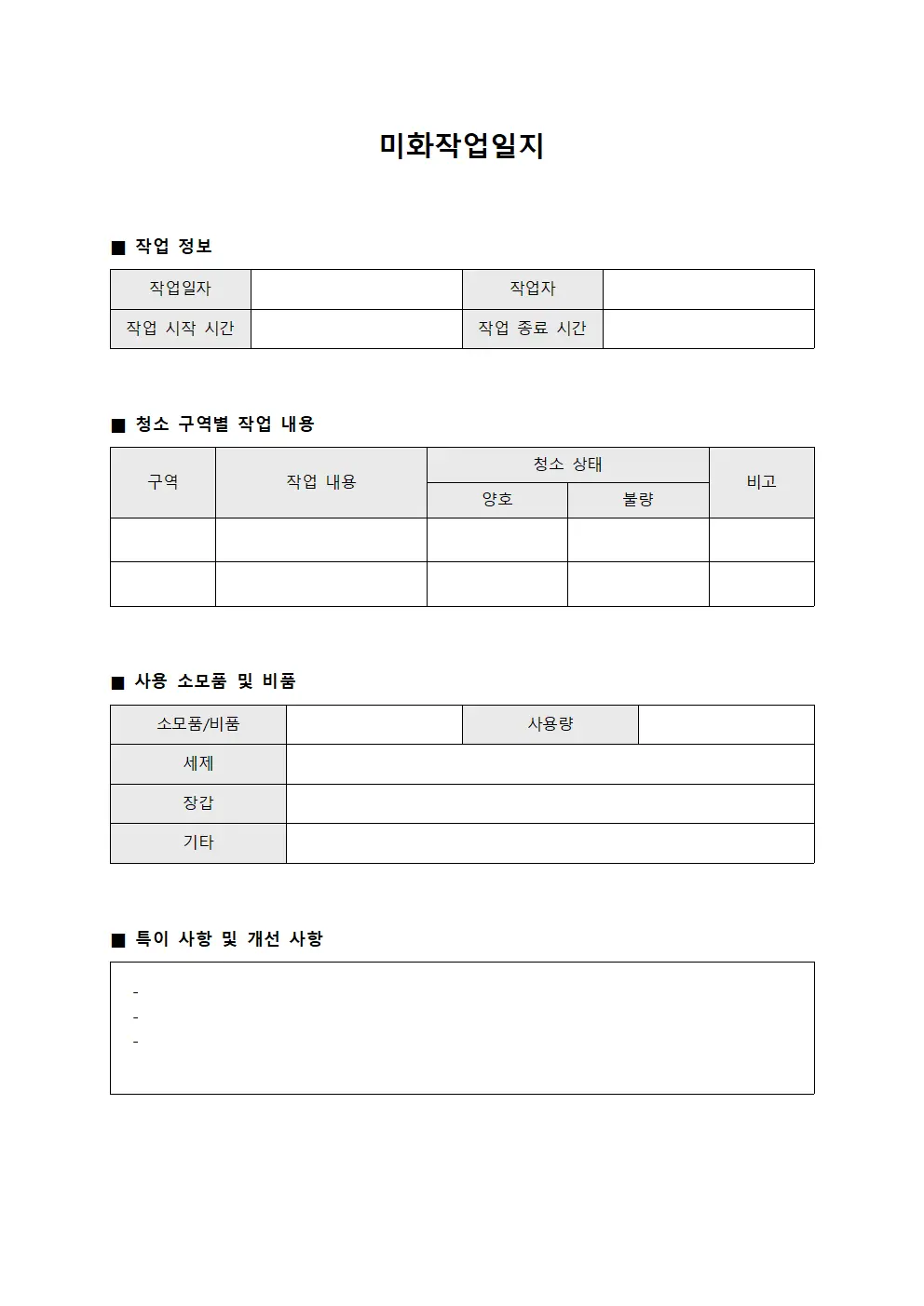 미화작업일지 (급식실 위생)