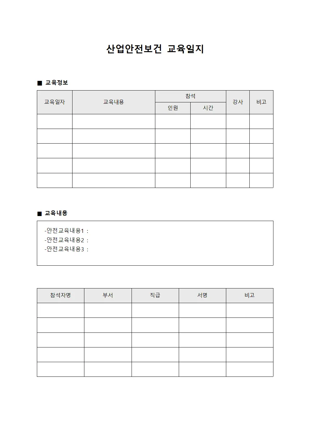 산업안전보건교육일지 (종사원안전역량강화 대장)