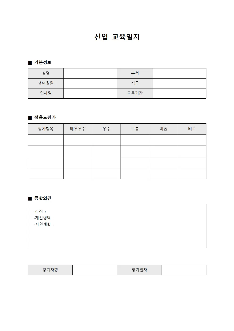 신입교육일지 적응도모니터링