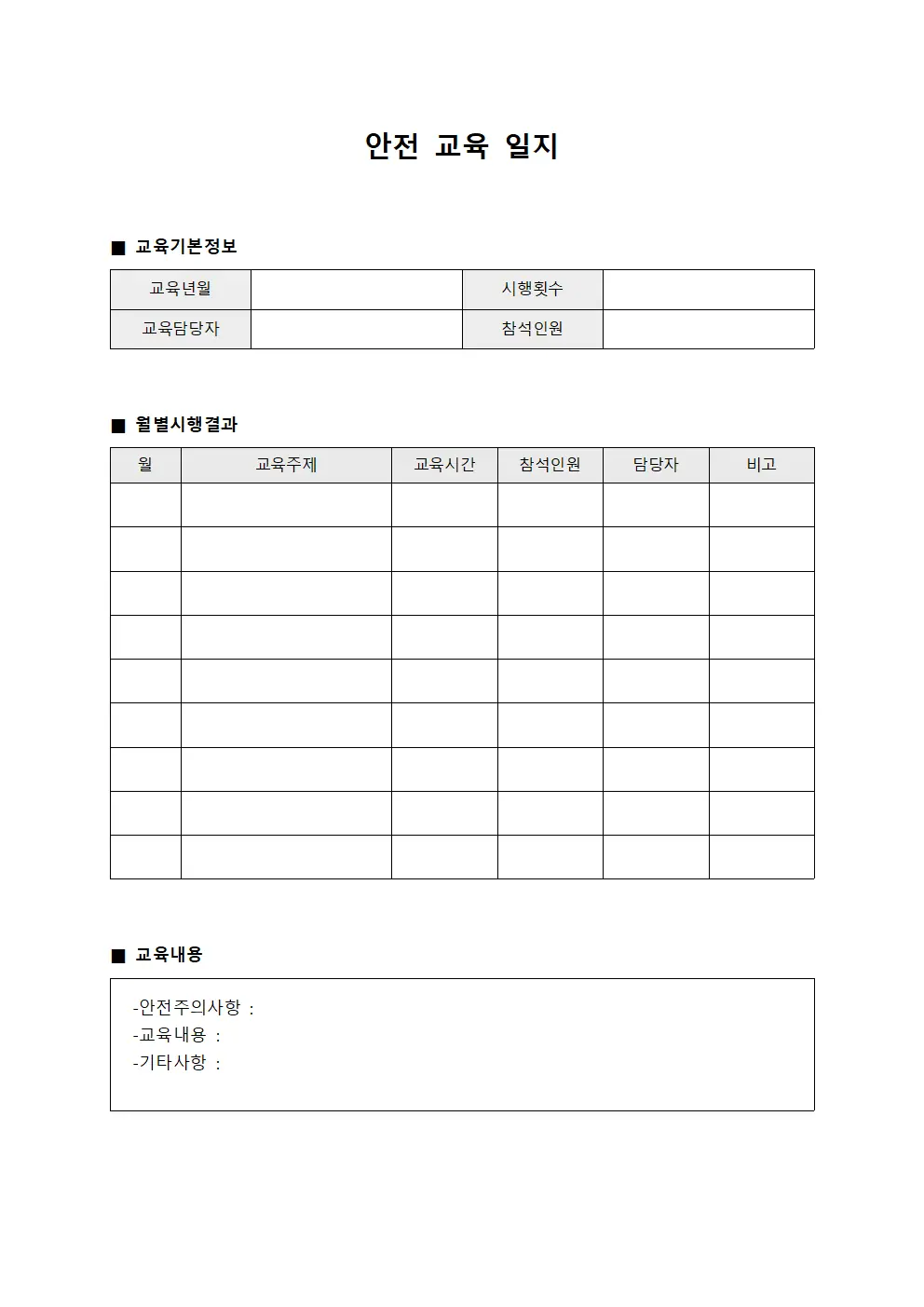 안전교육일지 (월별 시행결과)