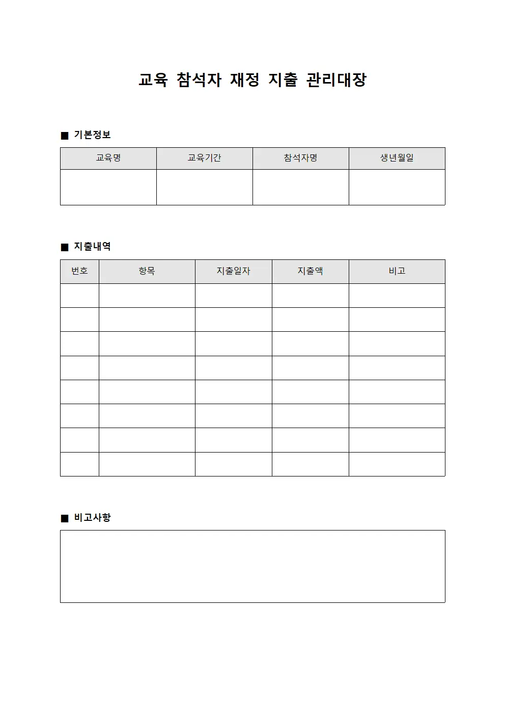 교육 참석자 재정 지출 관리대장