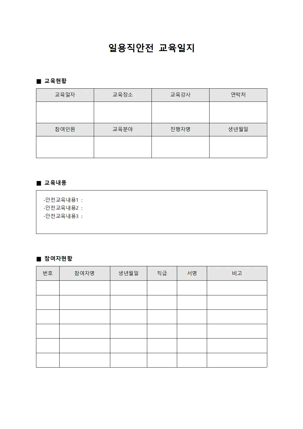 참여자 일용직안전교육일지 교육현황