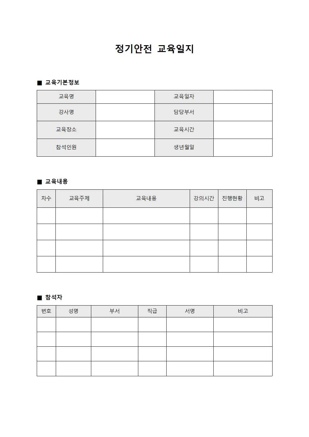 정기안전교육일지 (커리큘럼진행상황)