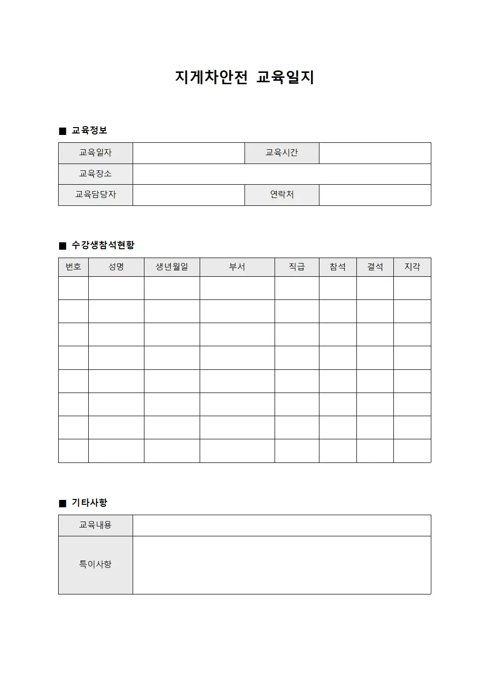 지게차안전교육일지 (수강생참석현황)