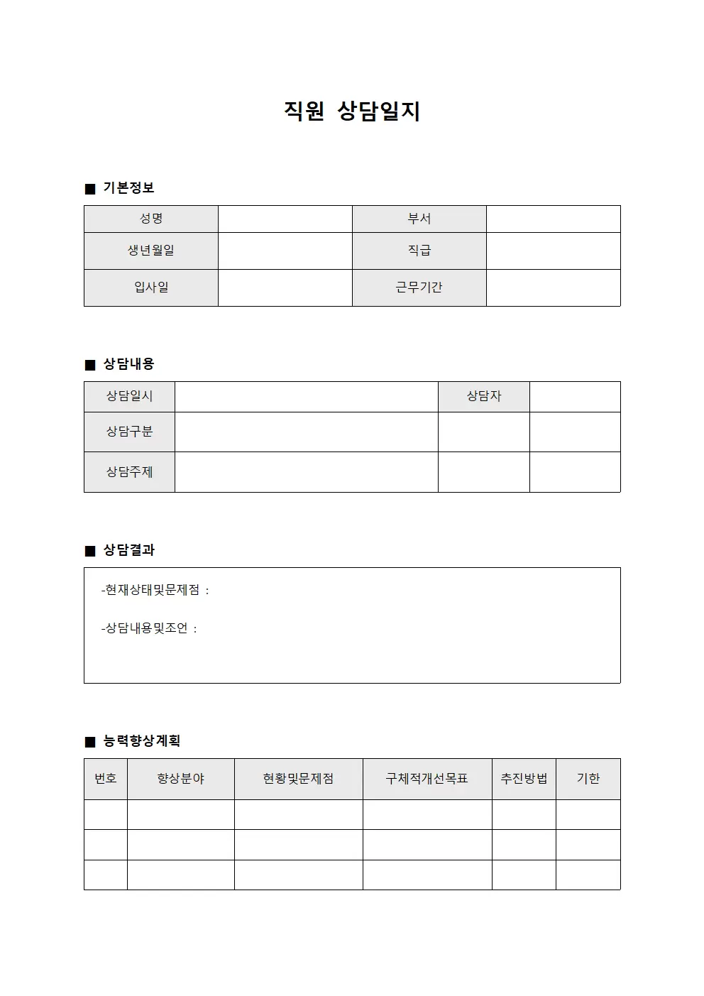 직원상담일지 능력향상계획서