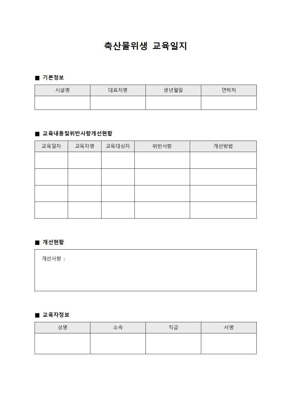 축산물위생교육일지 (위반사항개선현황)