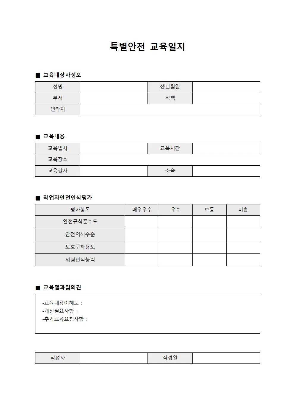 특별안전교육일지 - 작업자안전인식