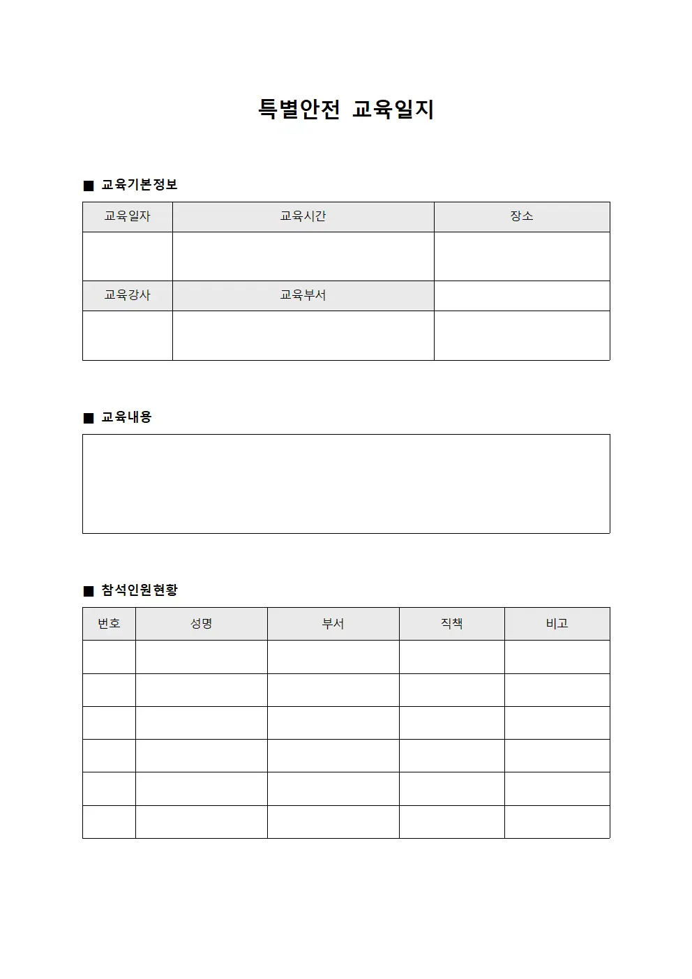 특별안전교육일지 (담당인원교육현황)