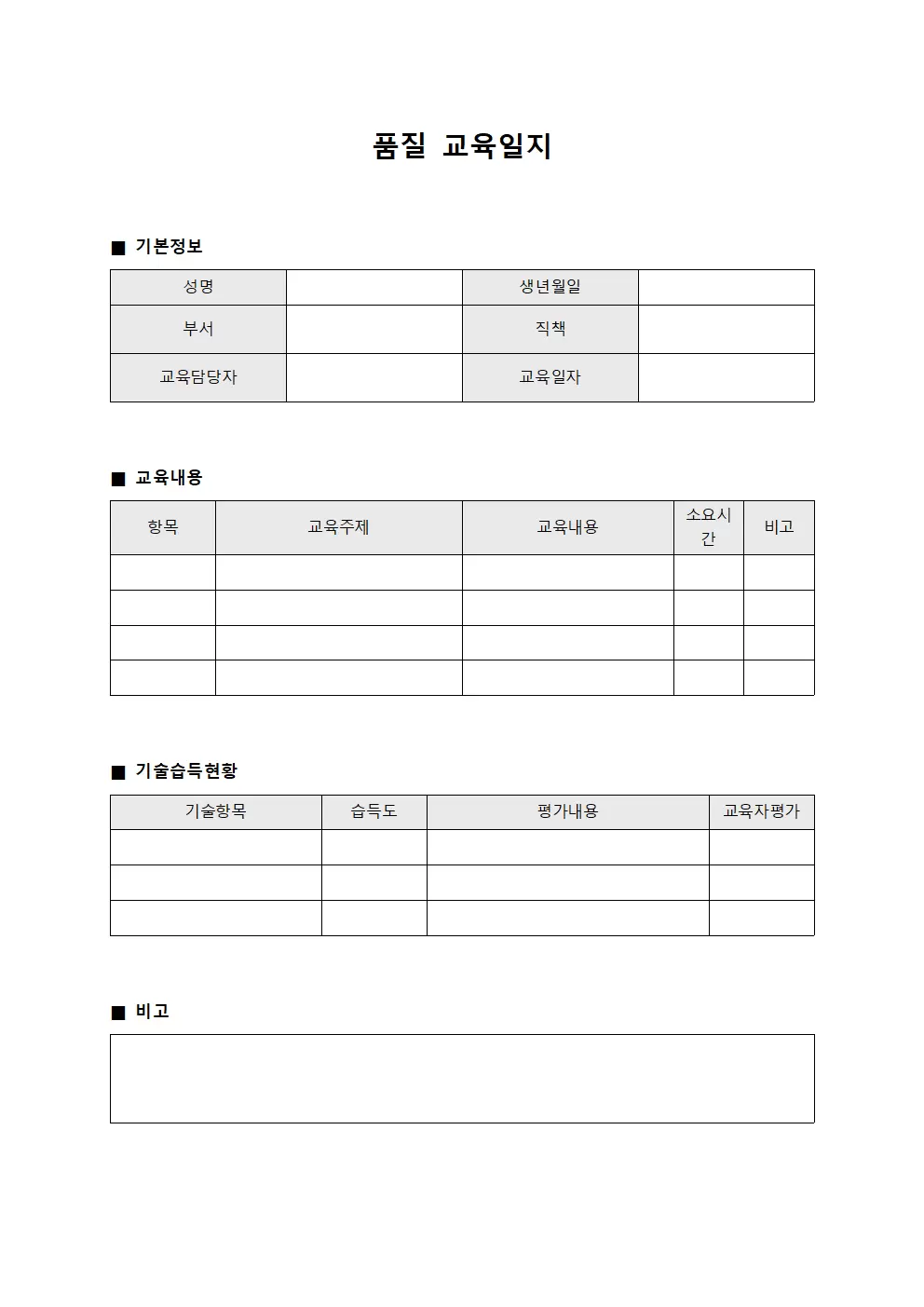 품질교육일지 (작업자기술습득)