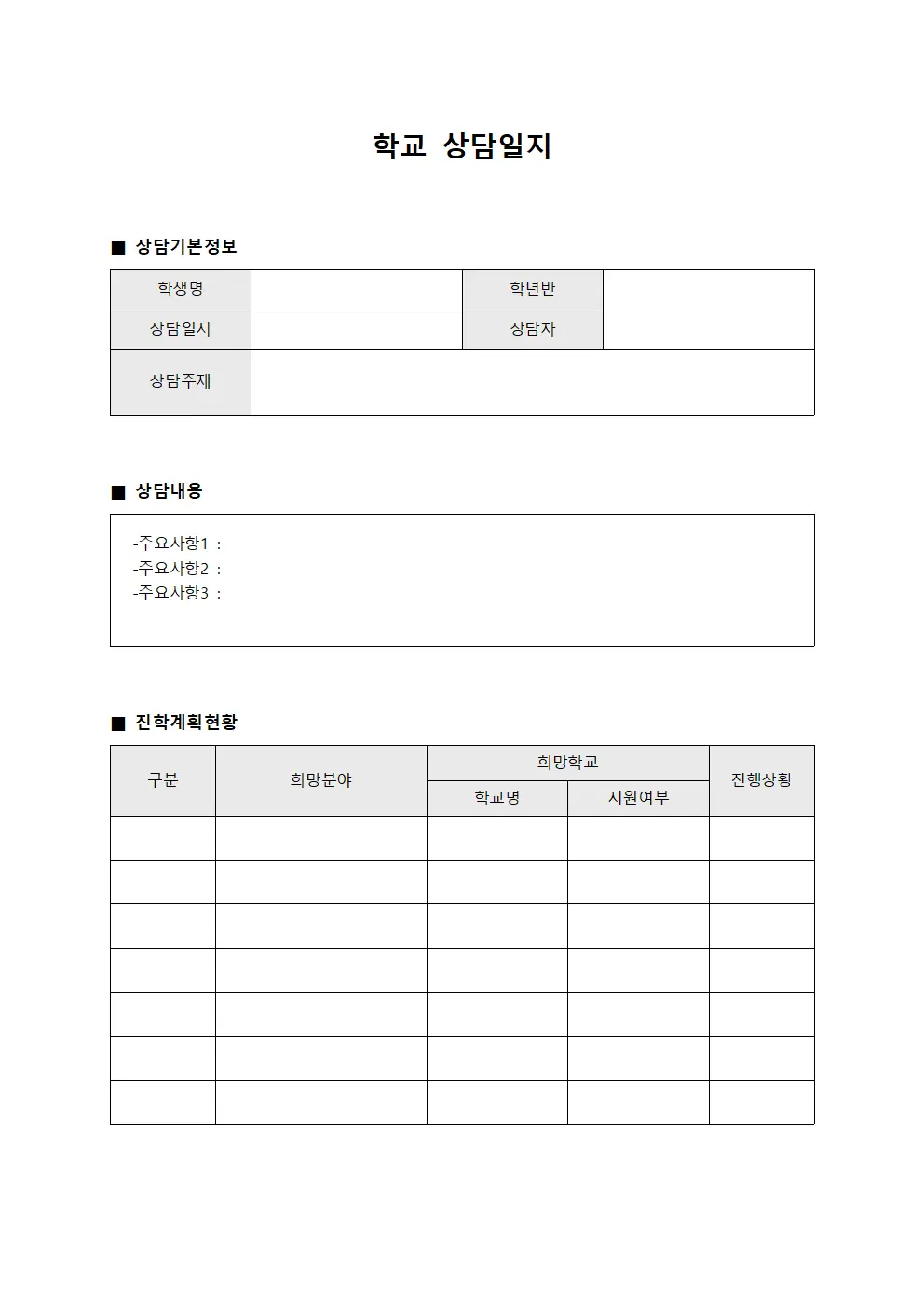 학교상담일지 진학계획수립현황