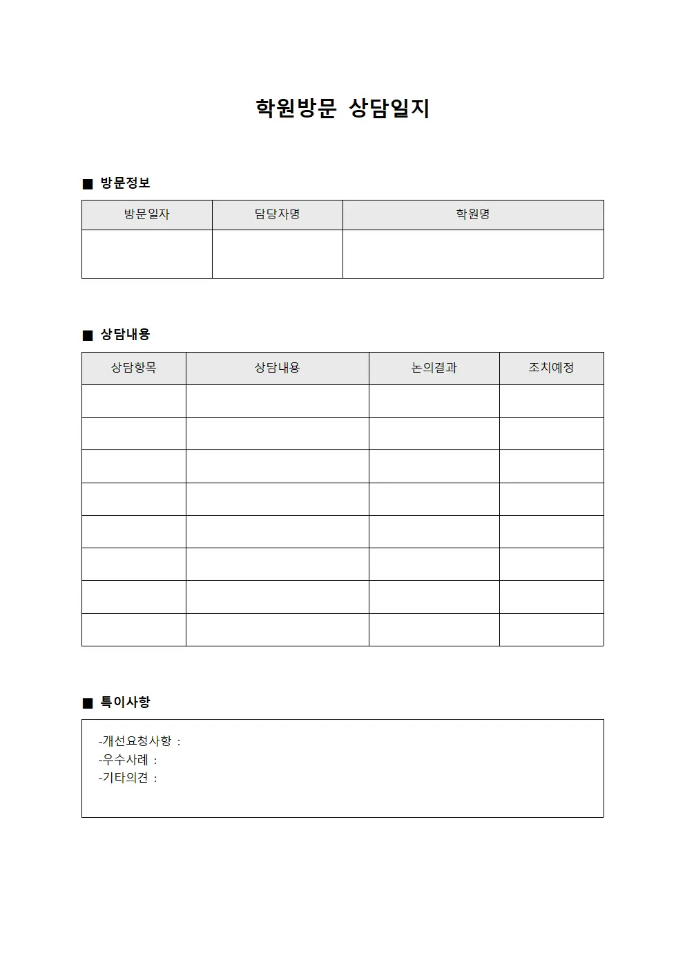 학원방문상담일지 - 담당자 점검표
