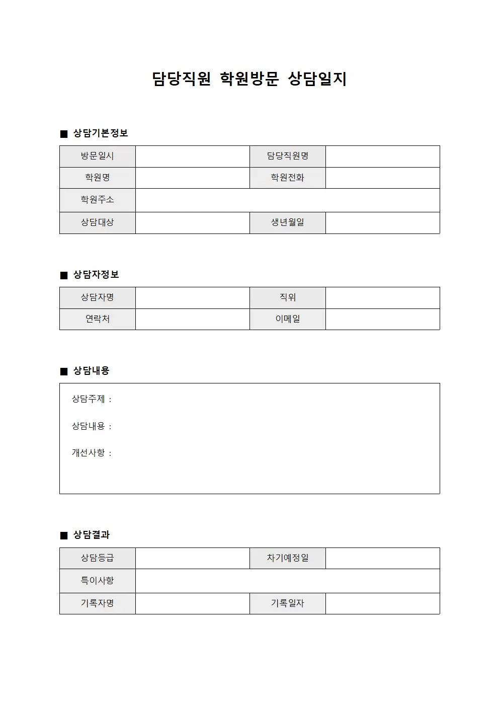 담당직원 학원방문상담일지 점검표