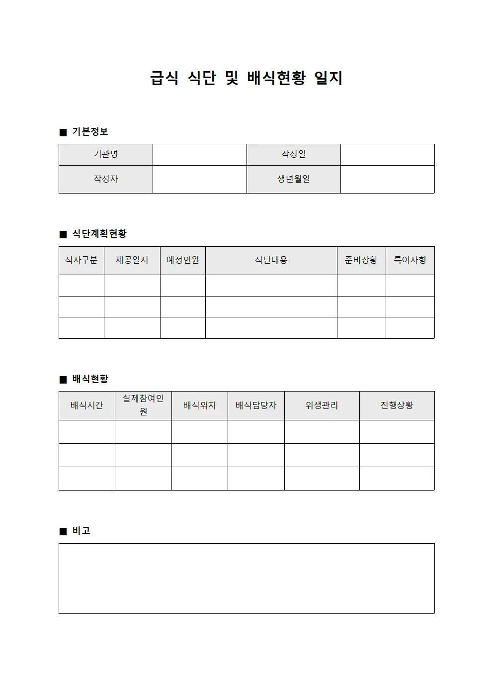 급식 식단 및 배식현황 일지