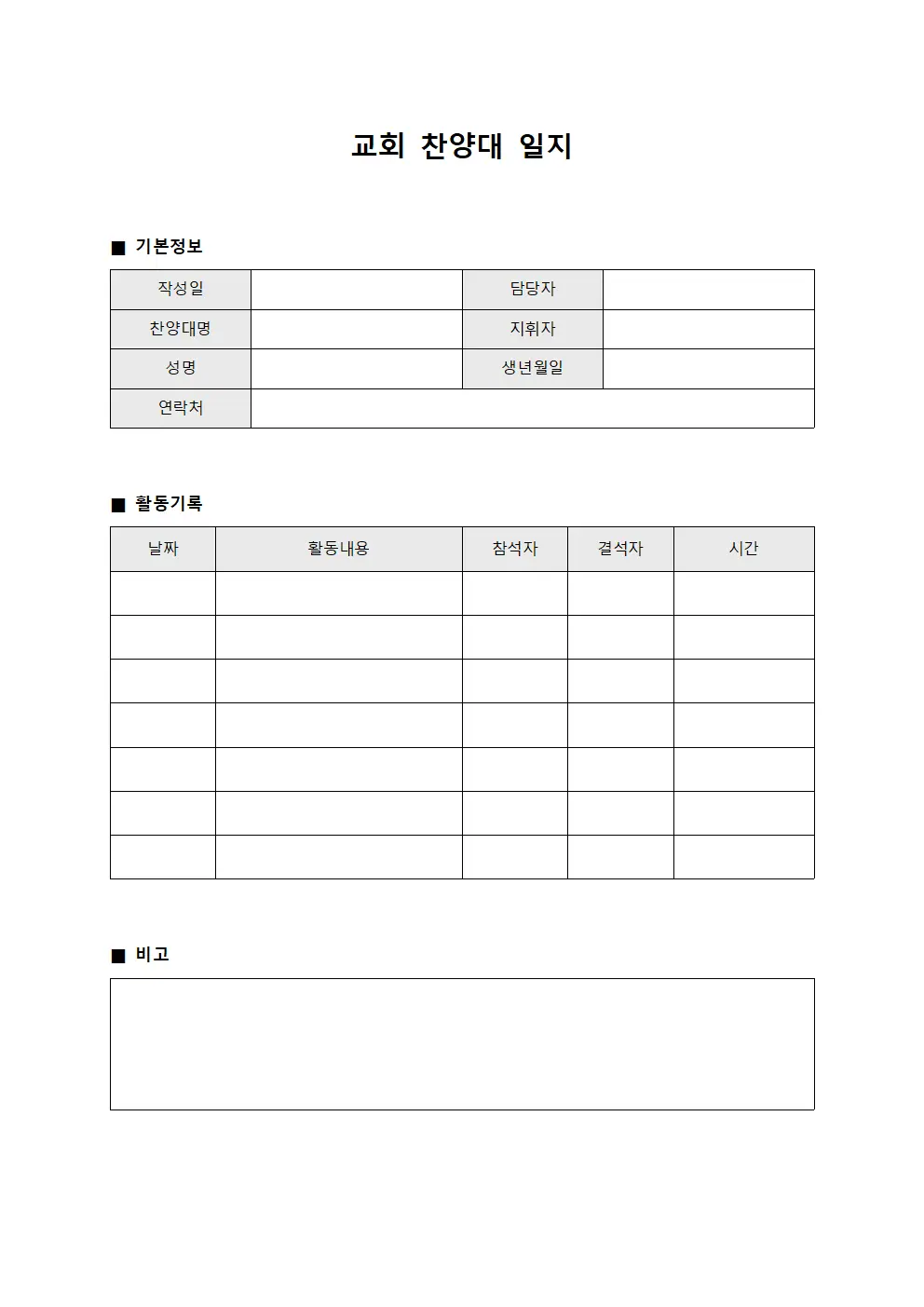 교회 찬양대 일지