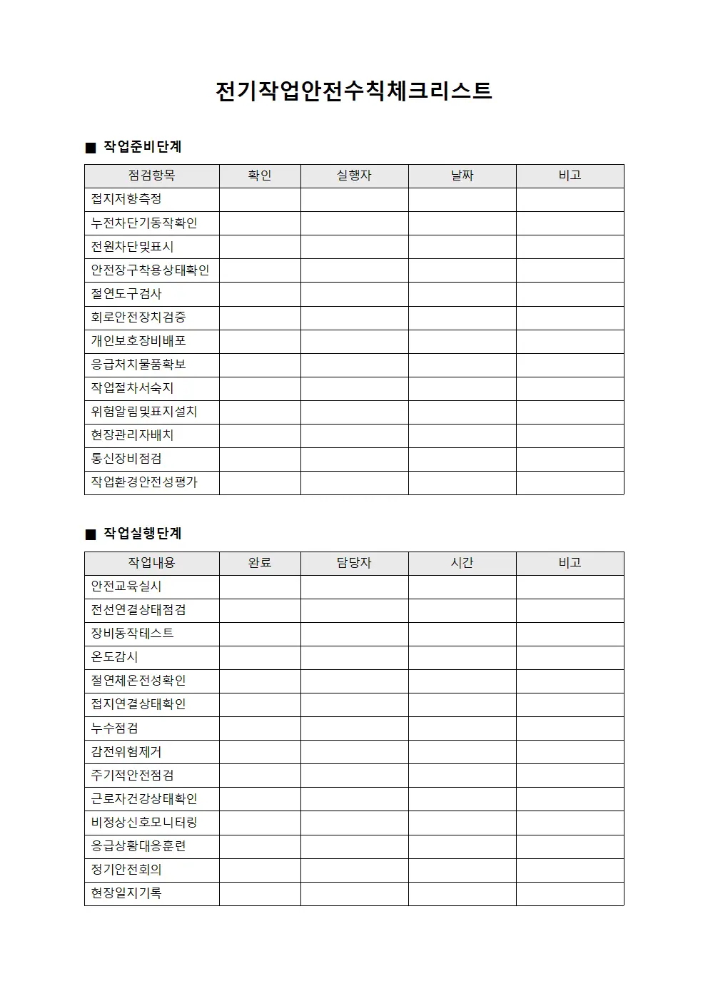 전기작업안전수칙체크리스트 파일양식
