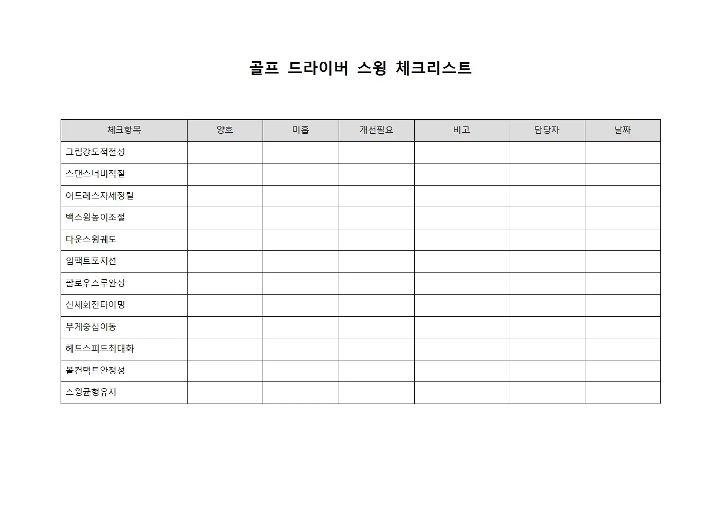 골프 드라이버 스윙 체크리스트 문서.서식