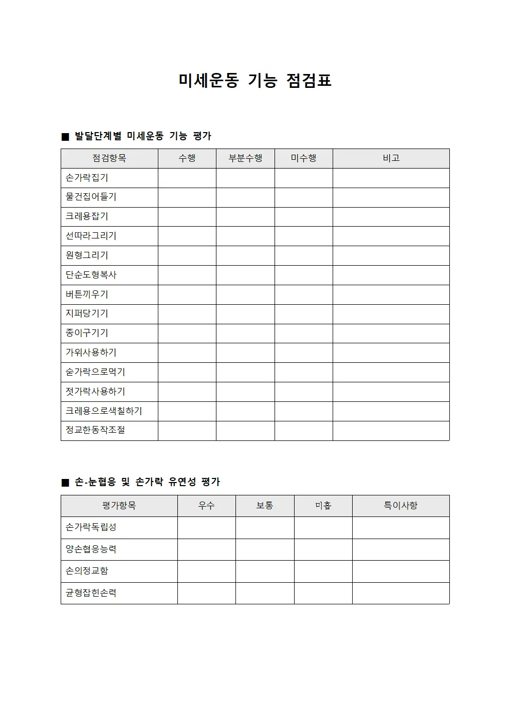 미세운동 기능 점검표 템플릿 서식