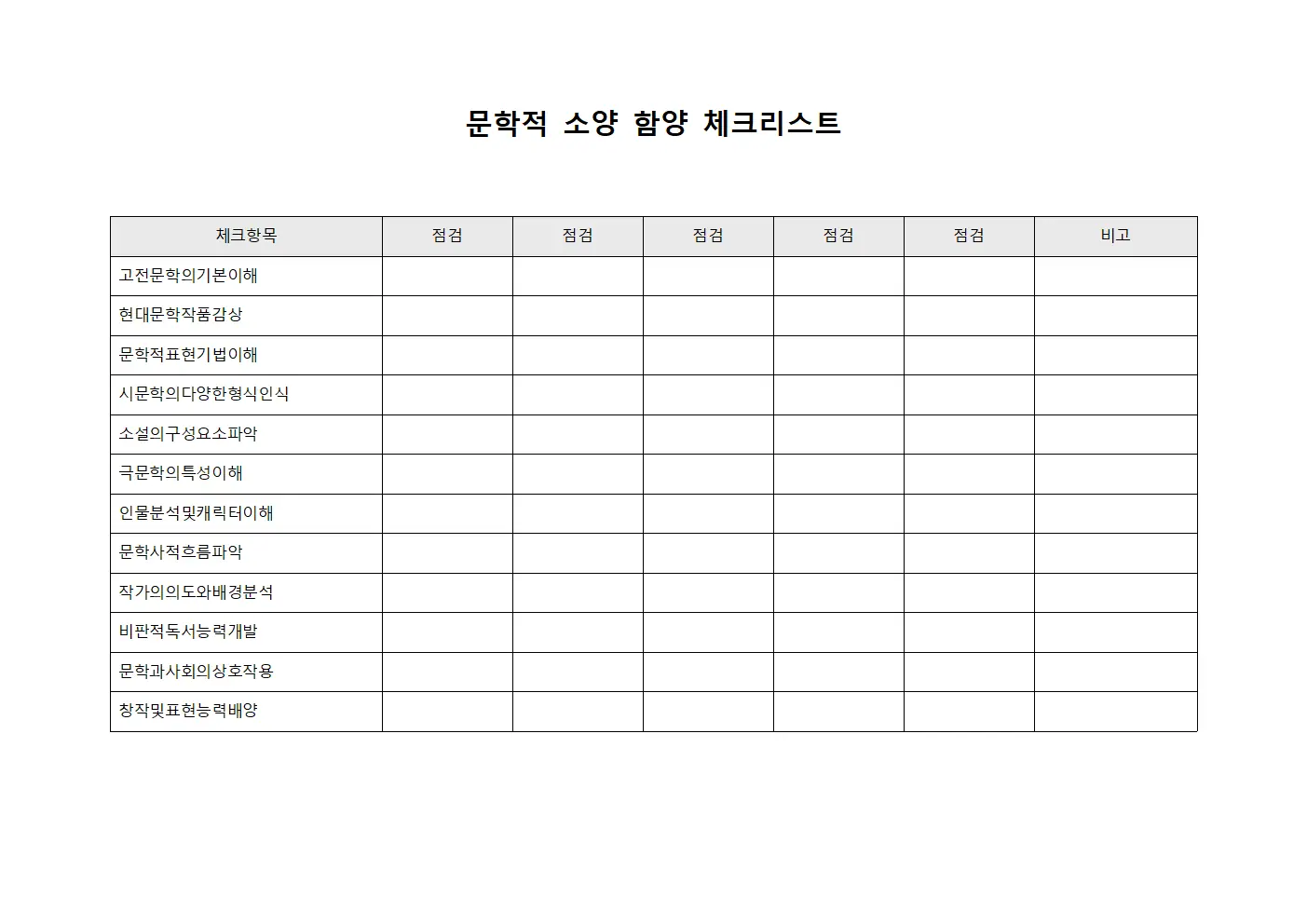 문학적 소양 함양 체크리스트 서식.양식
