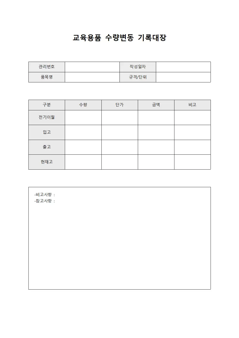 교육용품 수량변동 기록대장 양식문서