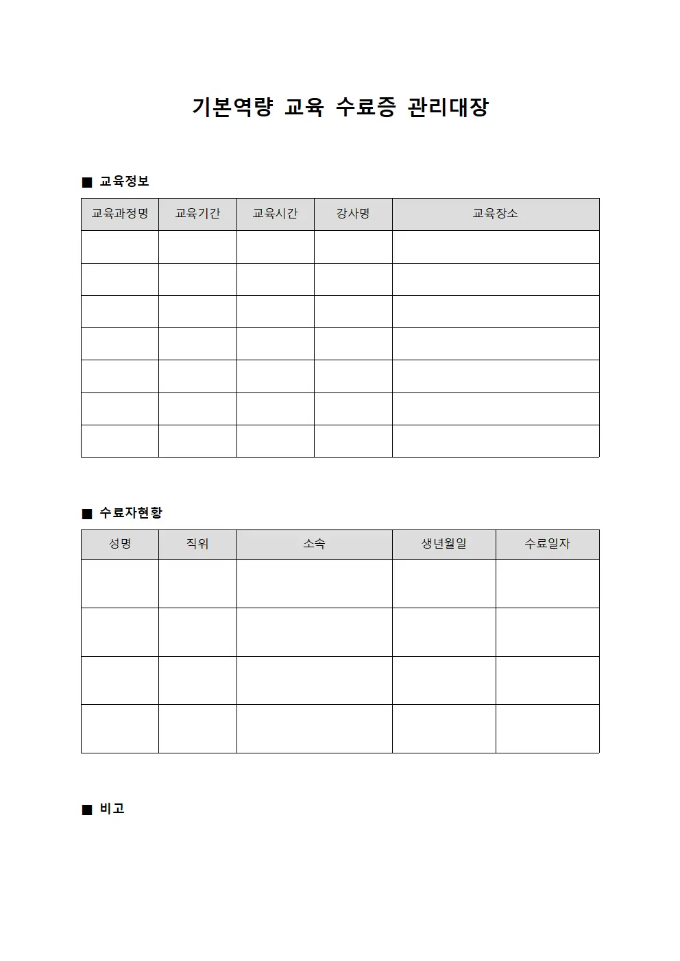 기본역량 교육 수료증 관리대장