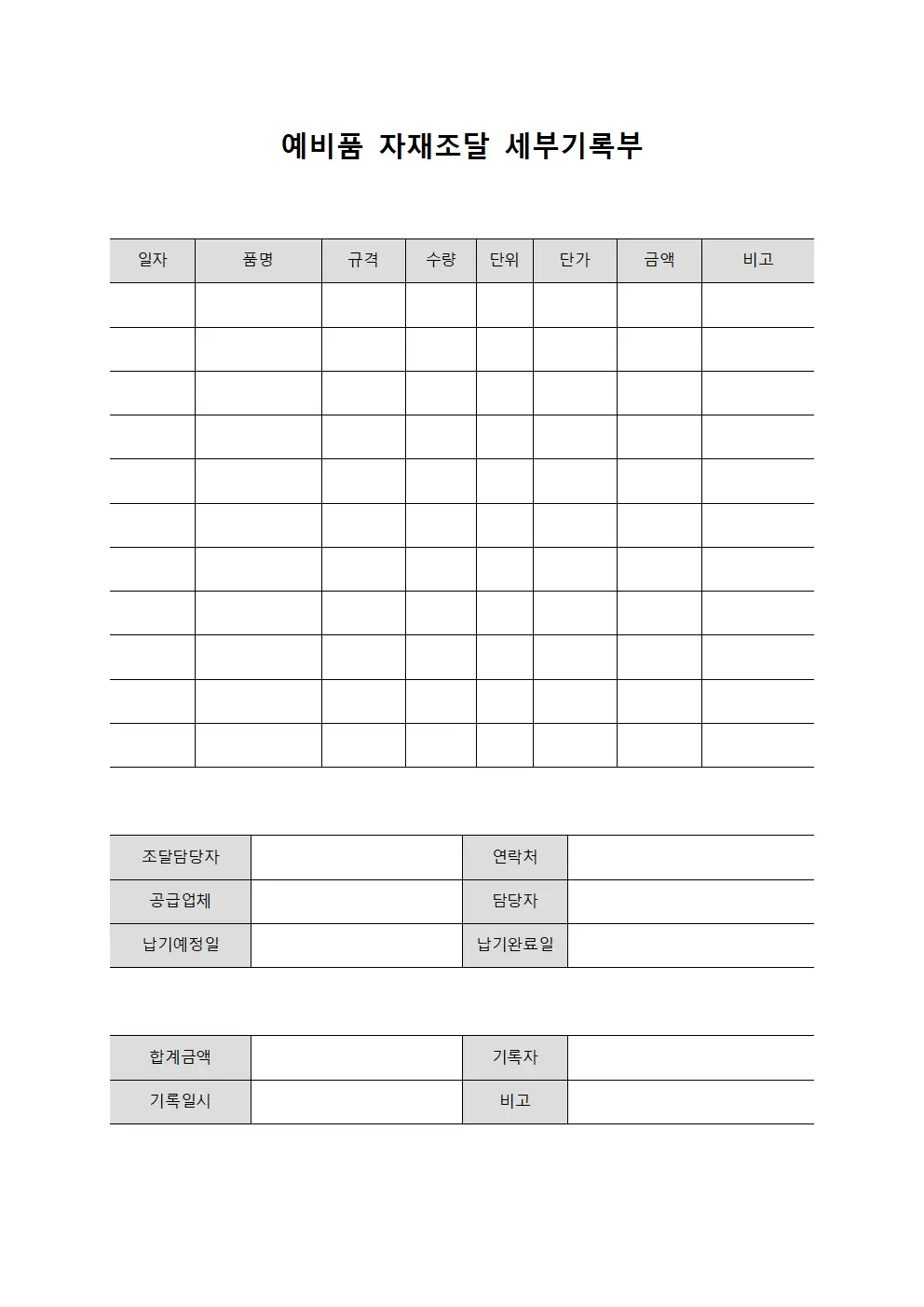 예비품 자재조달 세부기록부