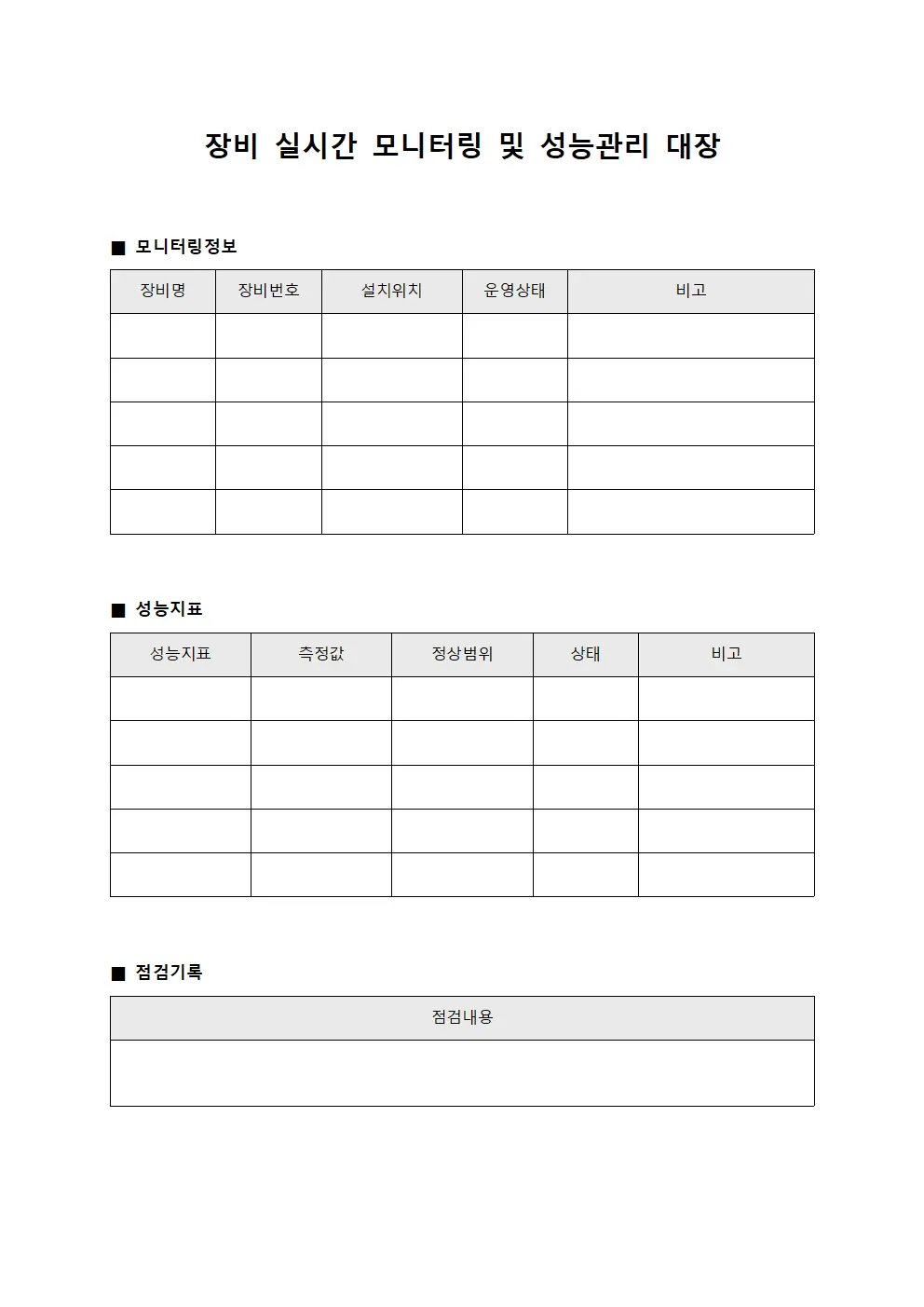 장비 실시간 모니터링 및 성능관리 대장 문서서식