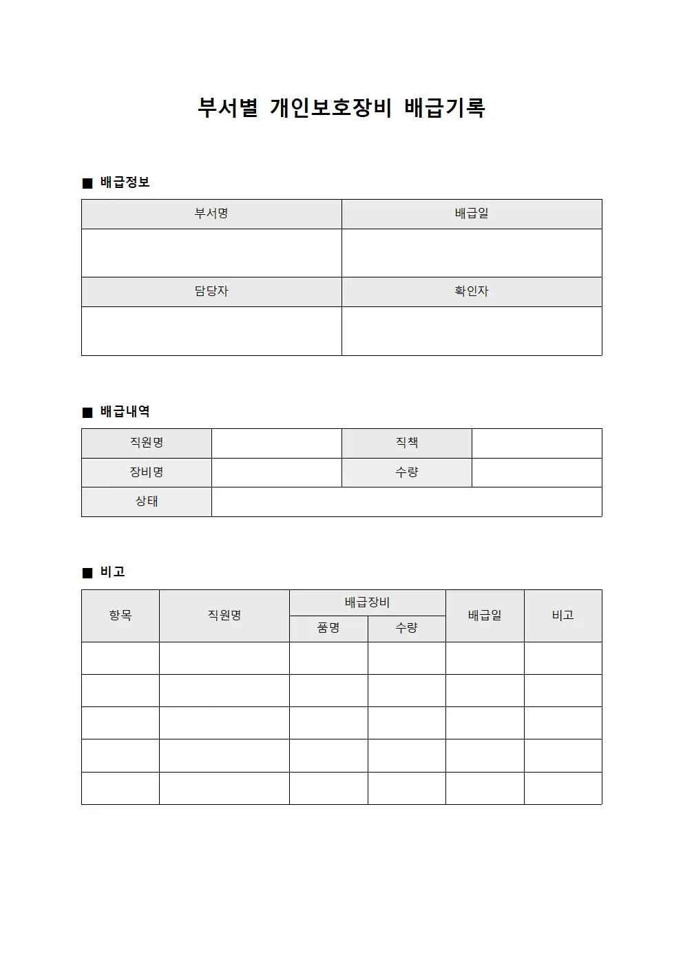 부서별 개인보호장비 배급기록 양식문서