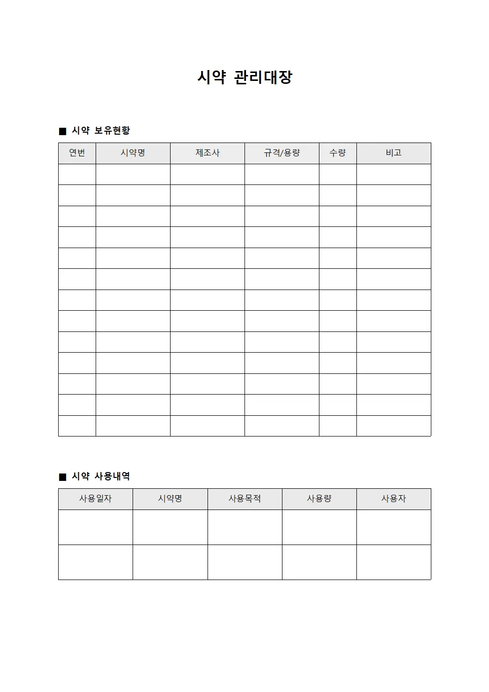 시약관리대장 (시설별보유현황)
