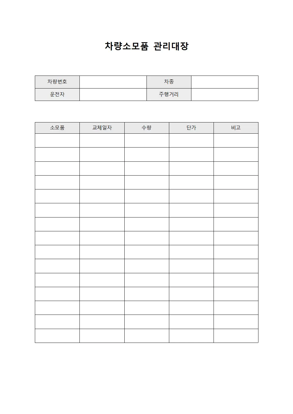 시설 차량소모품관리대장 점검표