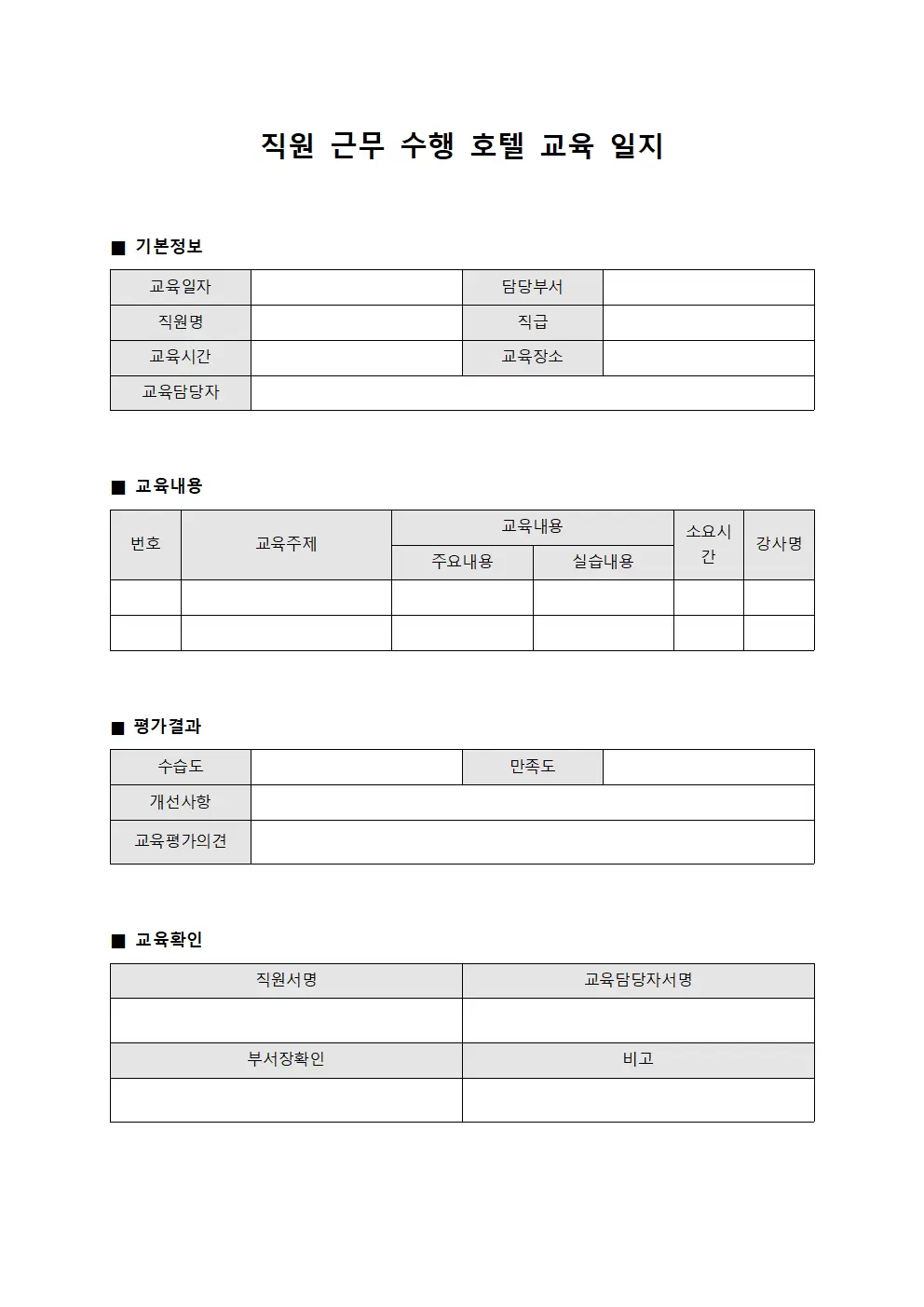 직원근무수행 호텔교육일지