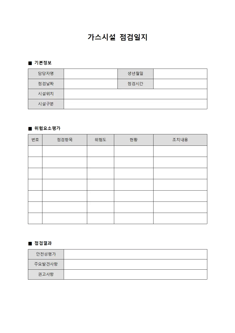 담당자 가스시설 점검일지 - 위험요소 평가