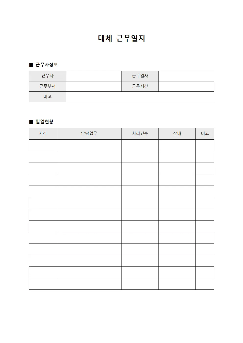 대체근무일지 (후생시설 일일현황)