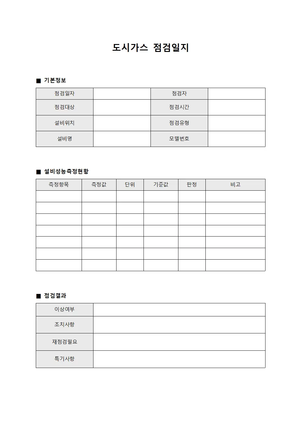 도시가스점검일지 - 설비성능측정현황