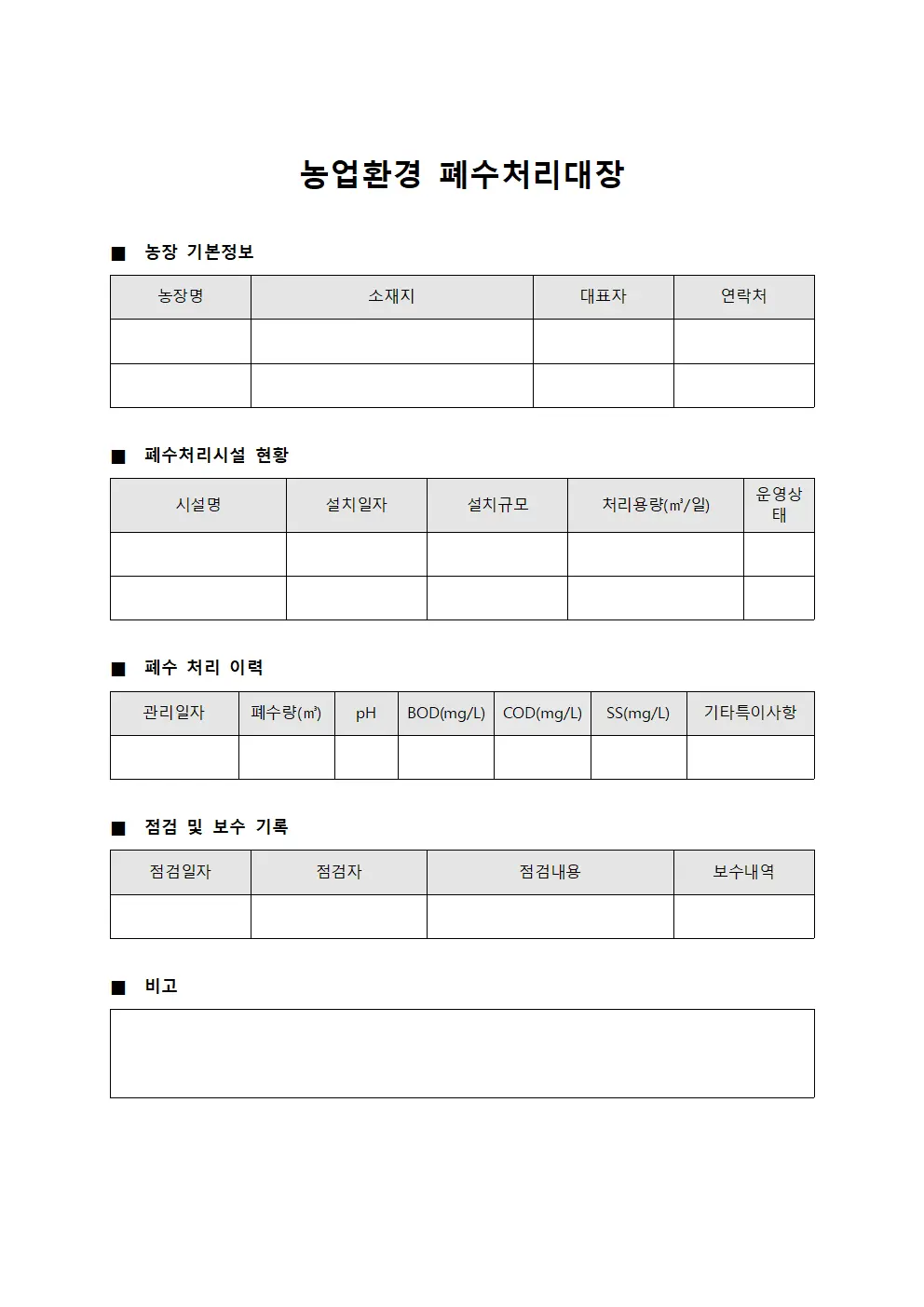 농업환경 폐수처리대장