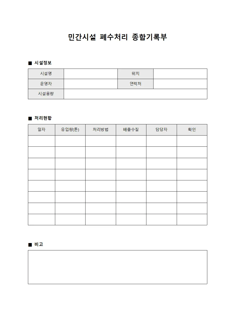 민간시설 폐수처리 종합기록부 서식