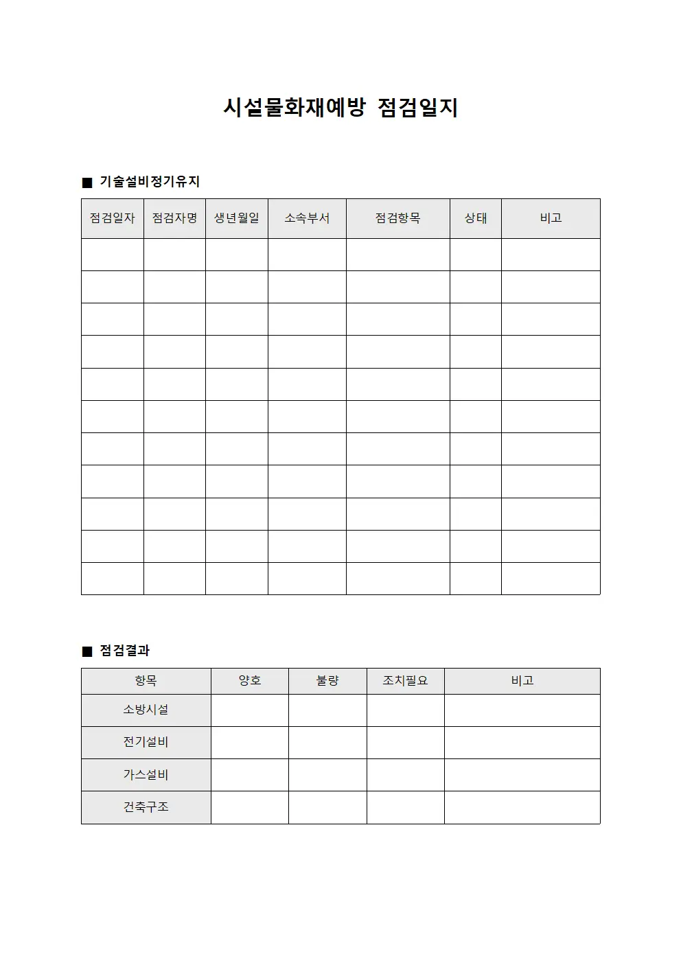 시설물화재예방점검일지 - 기술설비정기유지
