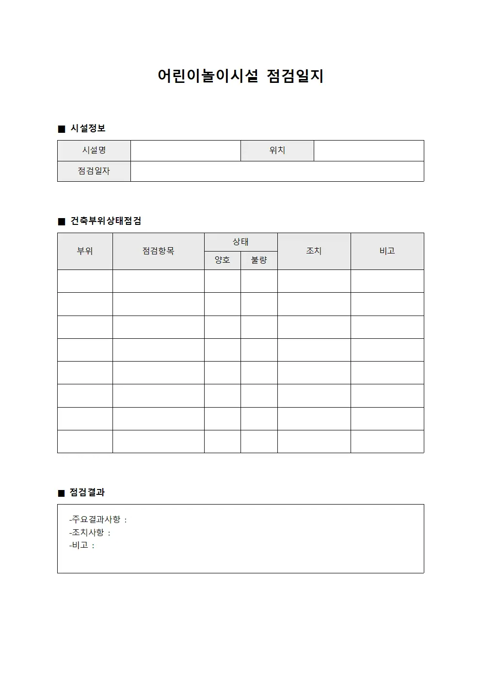 어린이놀이시설점검일지 (건축부위상태점검)